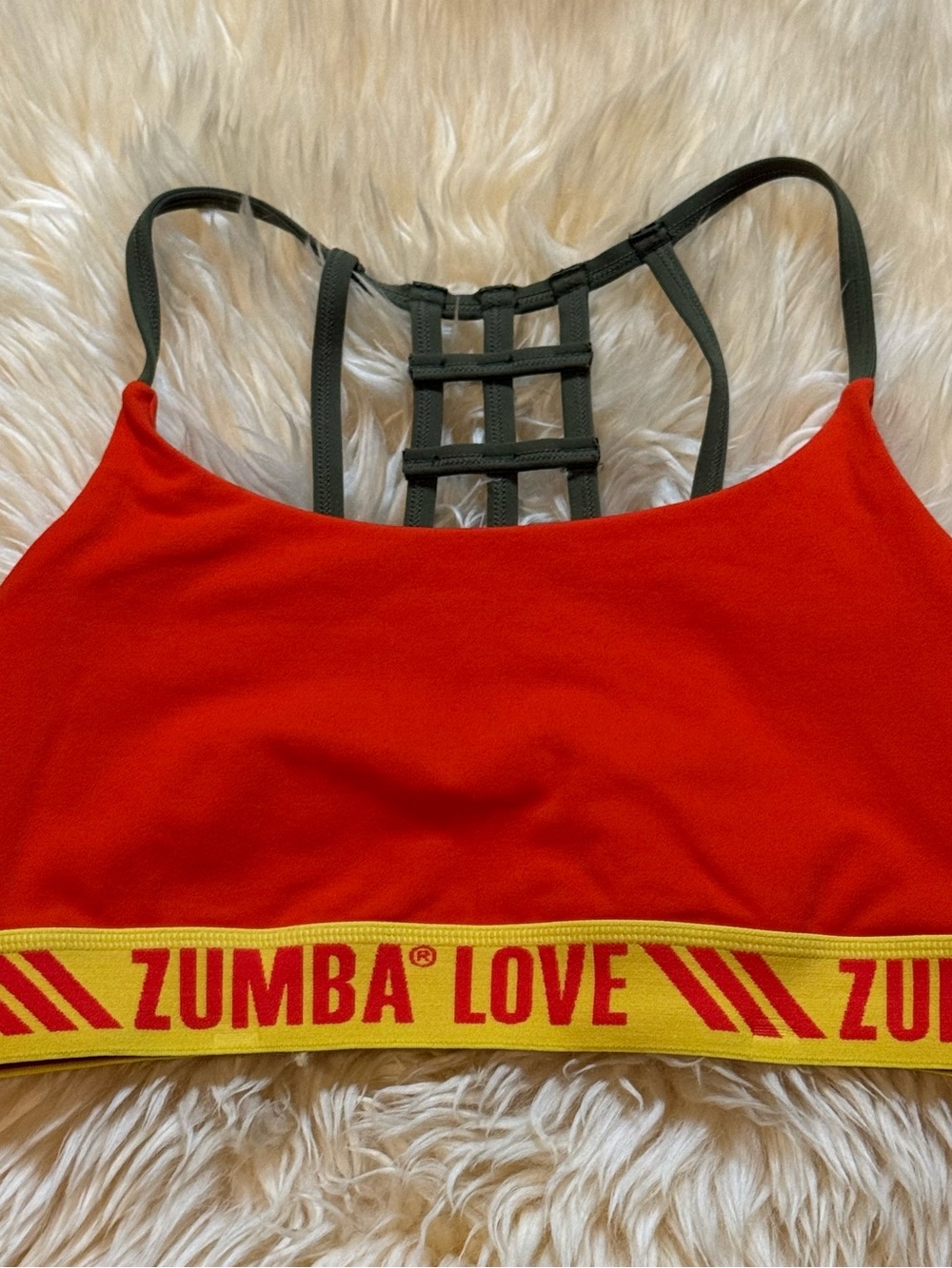 Zumba Fitness Orange-Red Sports Bra Zumba Love Yellow Band Olive Cage Straps Med